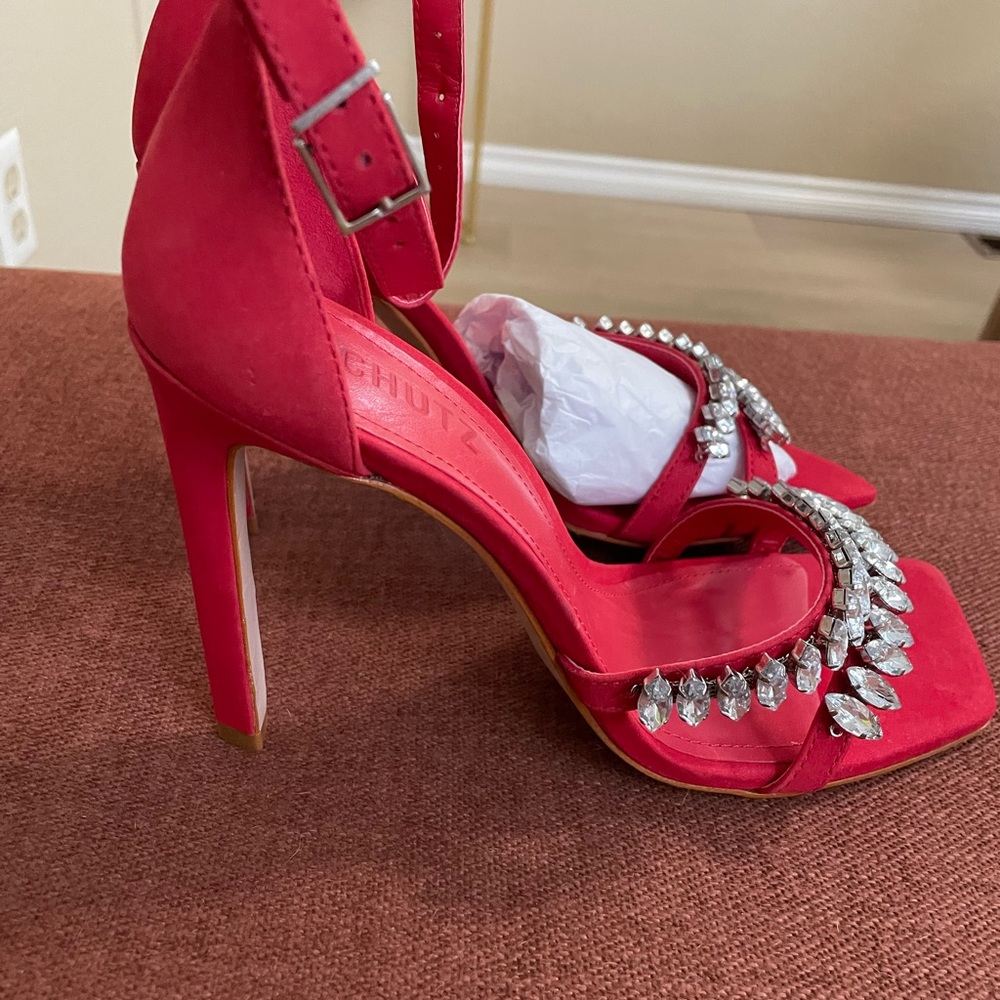 NWT SCHUTZ Red Crystal-Embellished Ankle-Strap Sandals (Genuine Leather)